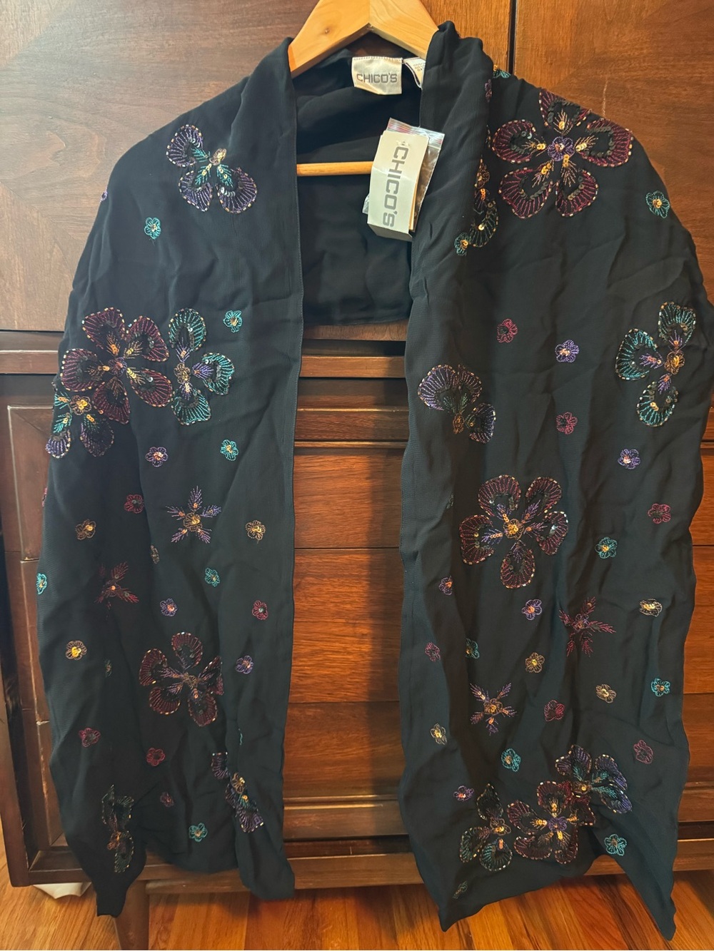 Chico's Black Embroidered Floral Scarf Jacket Shawl Sequins NWT Y2K